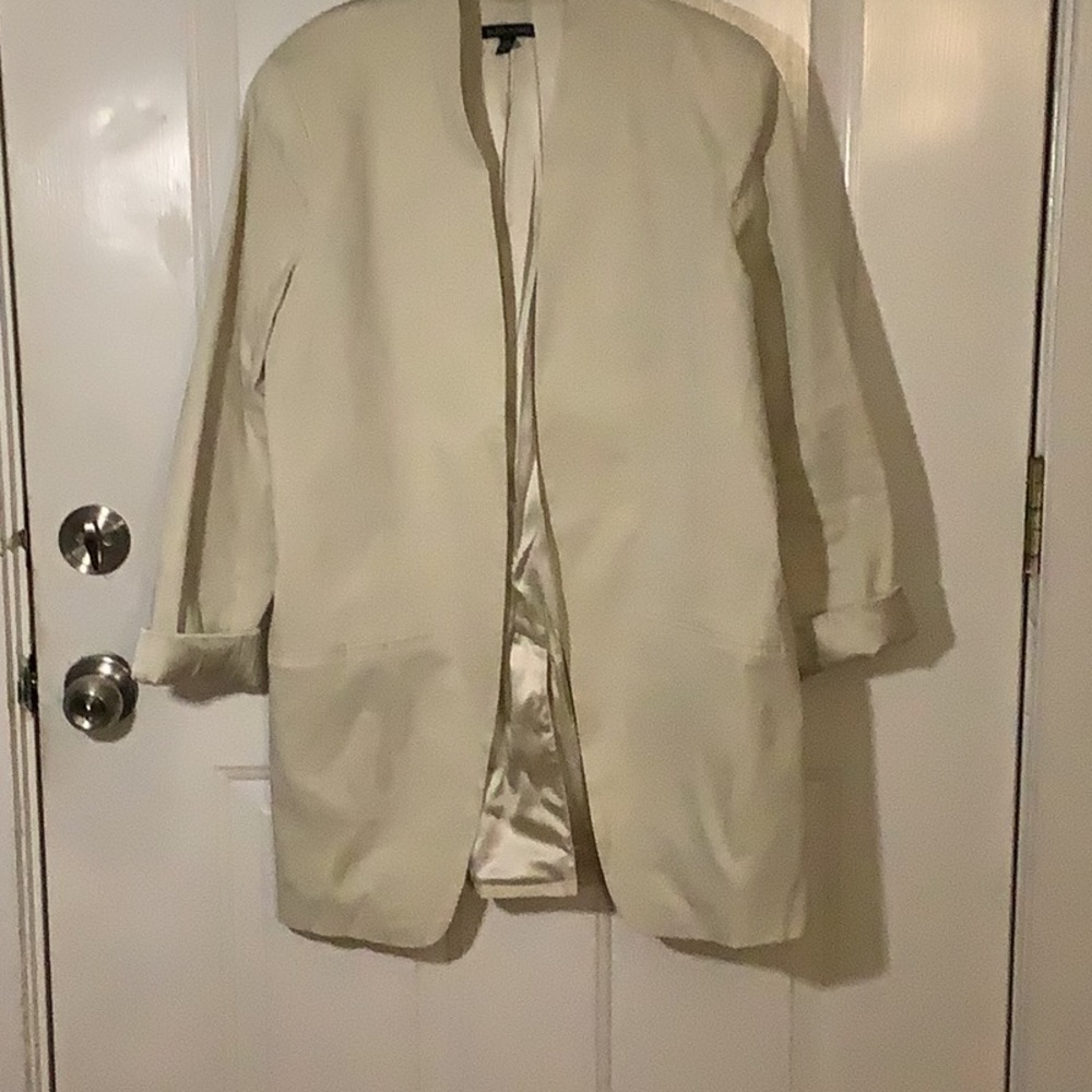 Eileen Fisher, bone color, long blazer roll sleeved with pockets stand up color